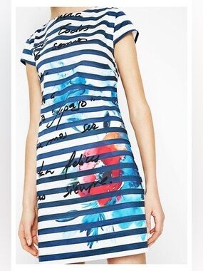 Desigual Striped Graphic Dress Blue White Script Print Mini Size 40 EU / US Med